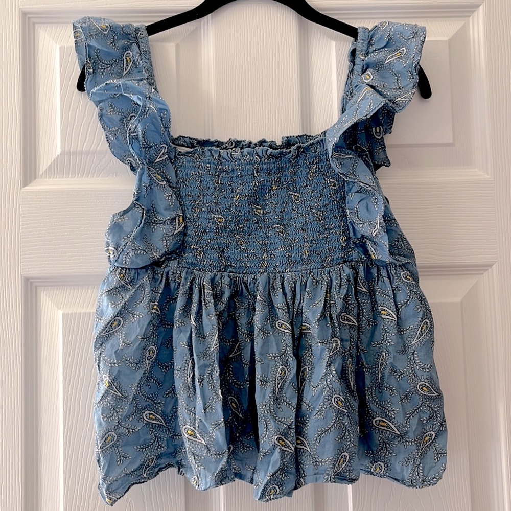 Elan Paisley Ruffle Sleeve Shirred Babydoll Top